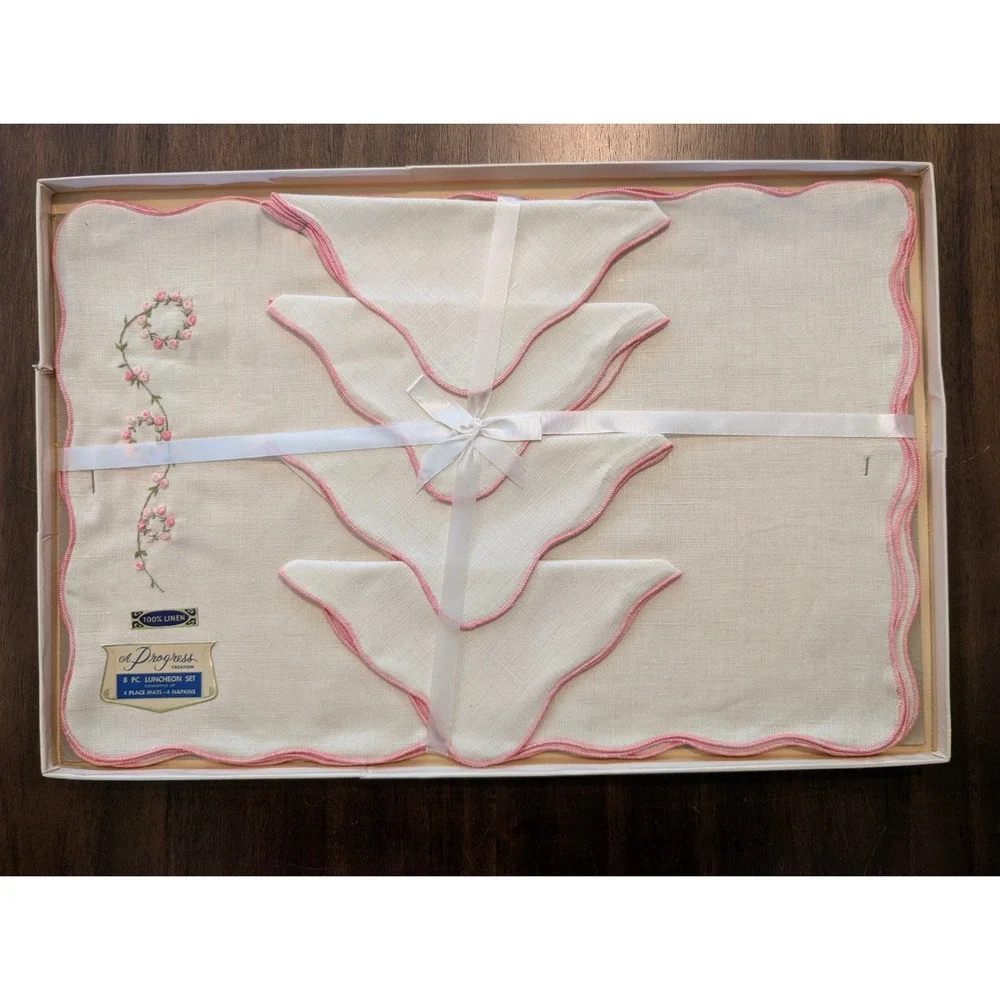 2 Vintage Linen Placemat Napkin Sets Cream Floral Scalloped MCM Unused